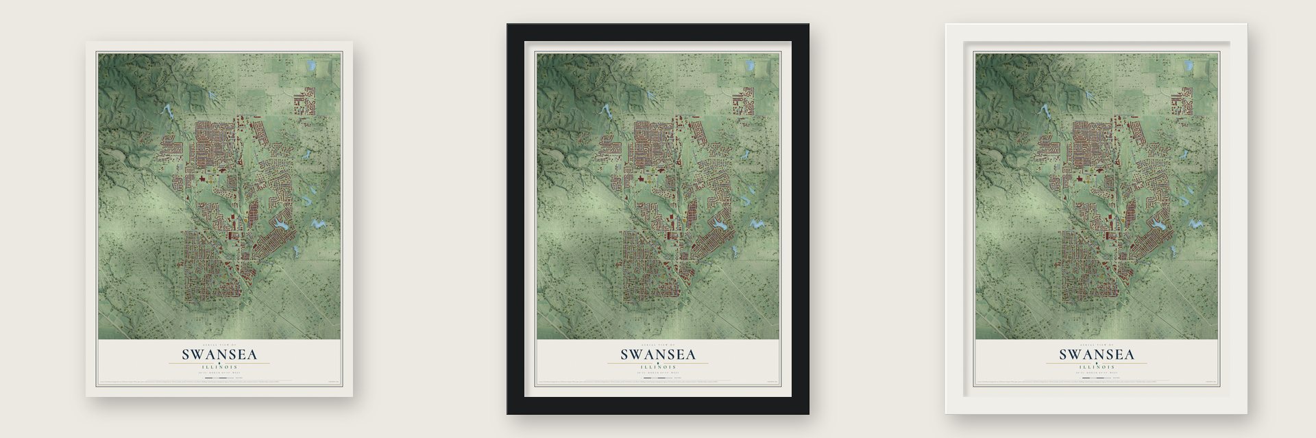 Swansea, Illinois map unframed, in a black wood frame and in a white wood frame