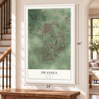 Swansea, Illinois map, 24 x 36 inch print in a white frame by a staircase