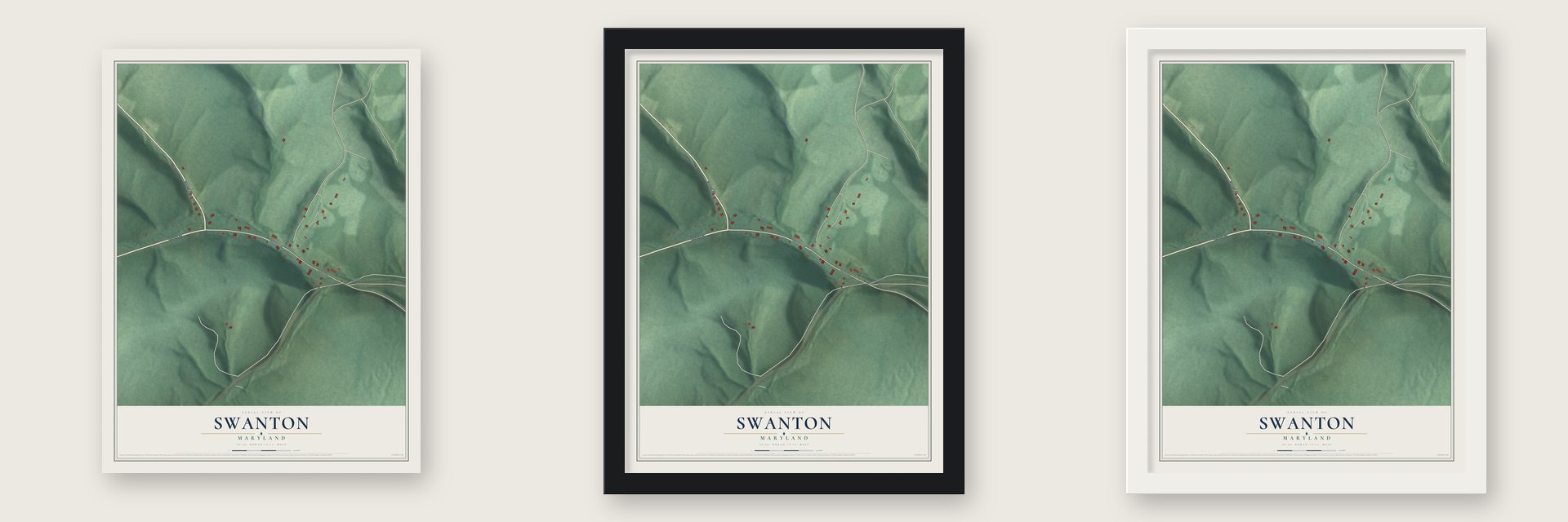 Swanton, Maryland map unframed, in a black wood frame and in a white wood frame