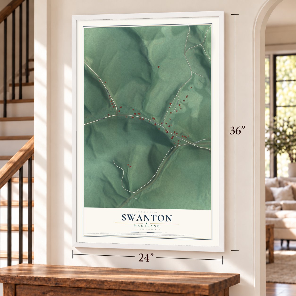 Swanton, Maryland map, 24 x 36 inch print in a white frame by a staircase