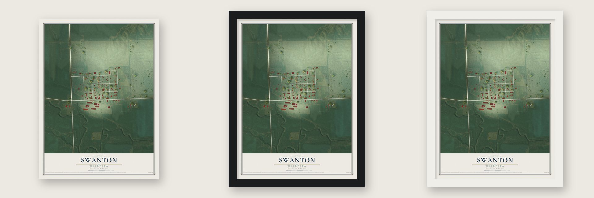 Swanton, Nebraska map unframed, in a black wood frame and in a white wood frame