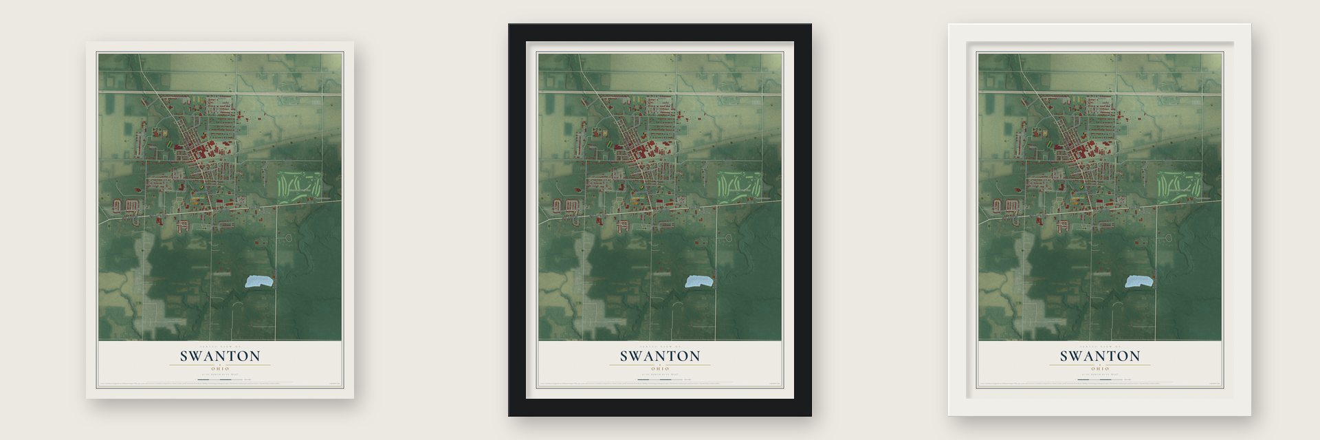 Swanton, Ohio map unframed, in a black wood frame and in a white wood frame
