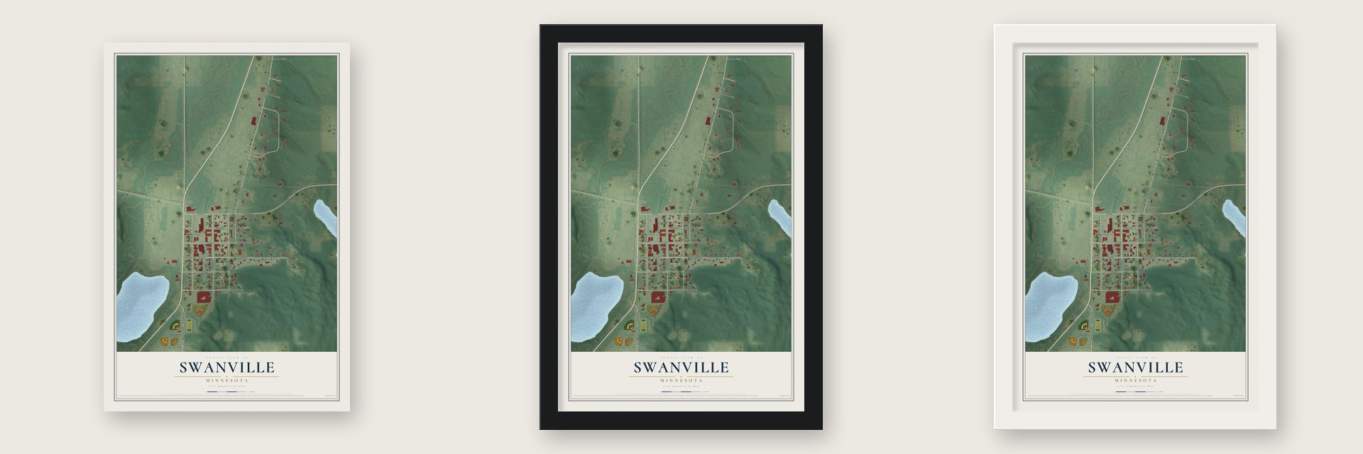 Swanville, Minnesota map unframed, in a black wood frame and in a white wood frame