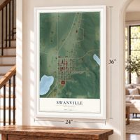 Swanville, Minnesota map, 24 x 36 inch print in a white frame by a staircase