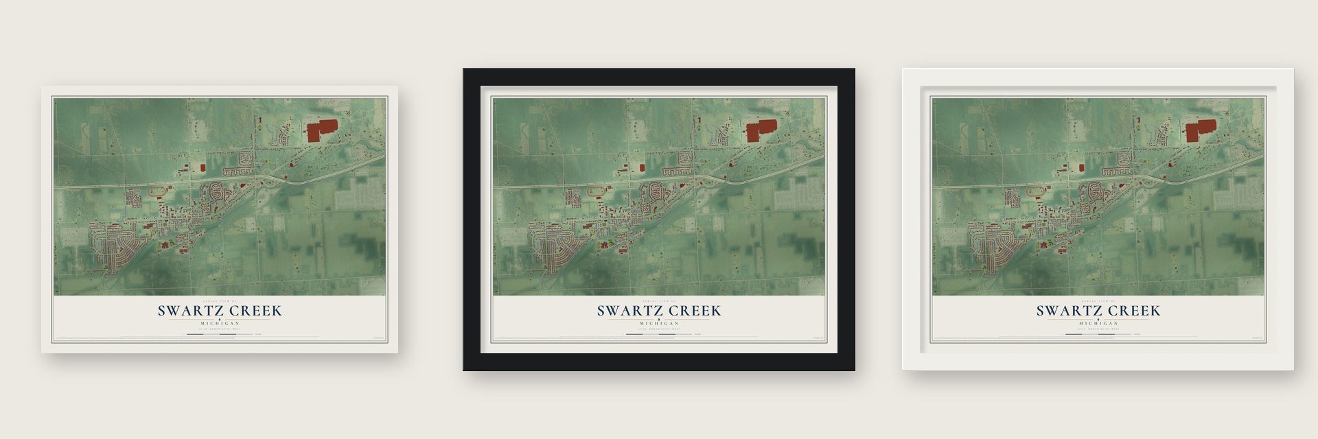 Swartz Creek, Michigan map unframed, in a black wood frame and in a white wood frame