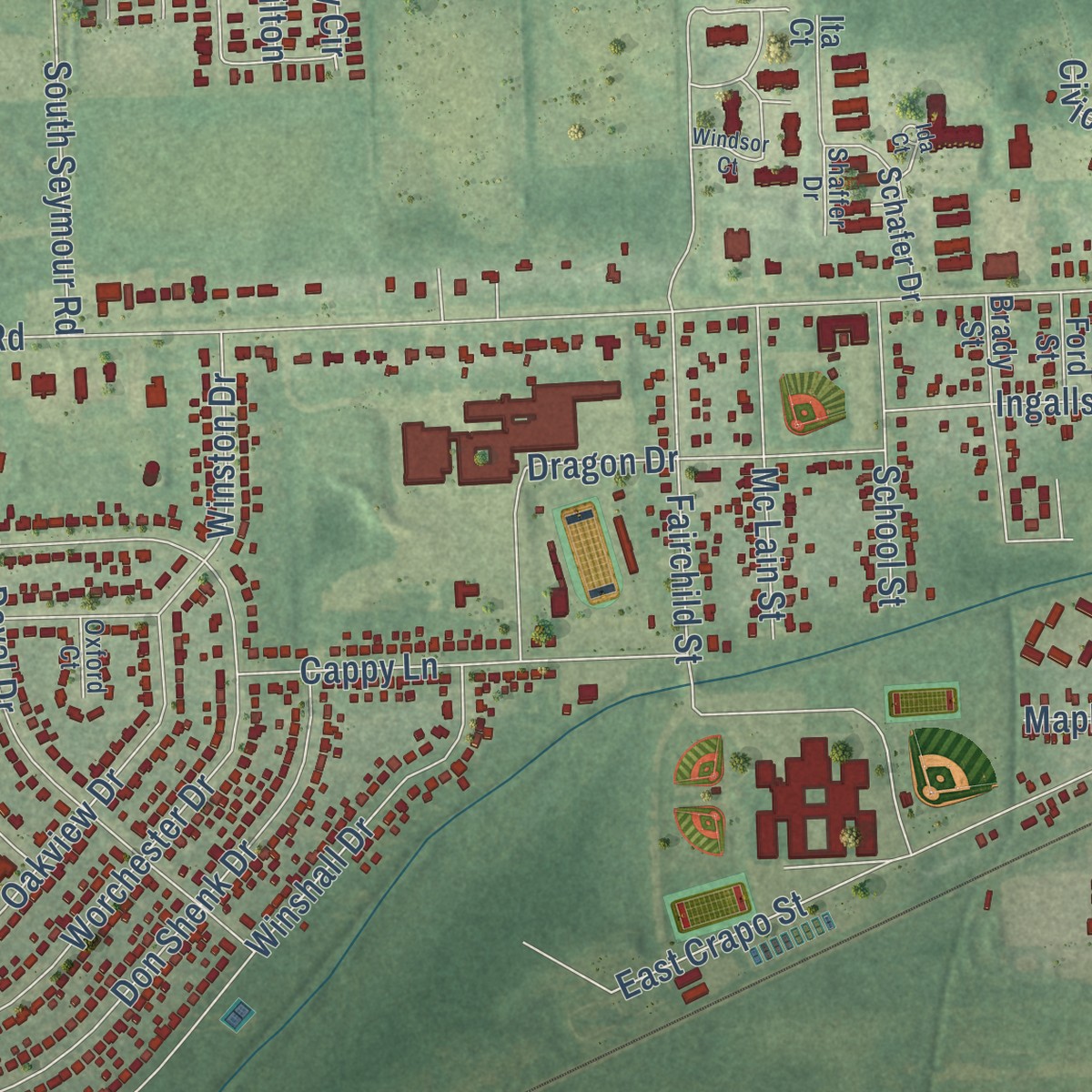 Second close-up of the map of Swartz Creek, Michigan print showing more streets and buildings