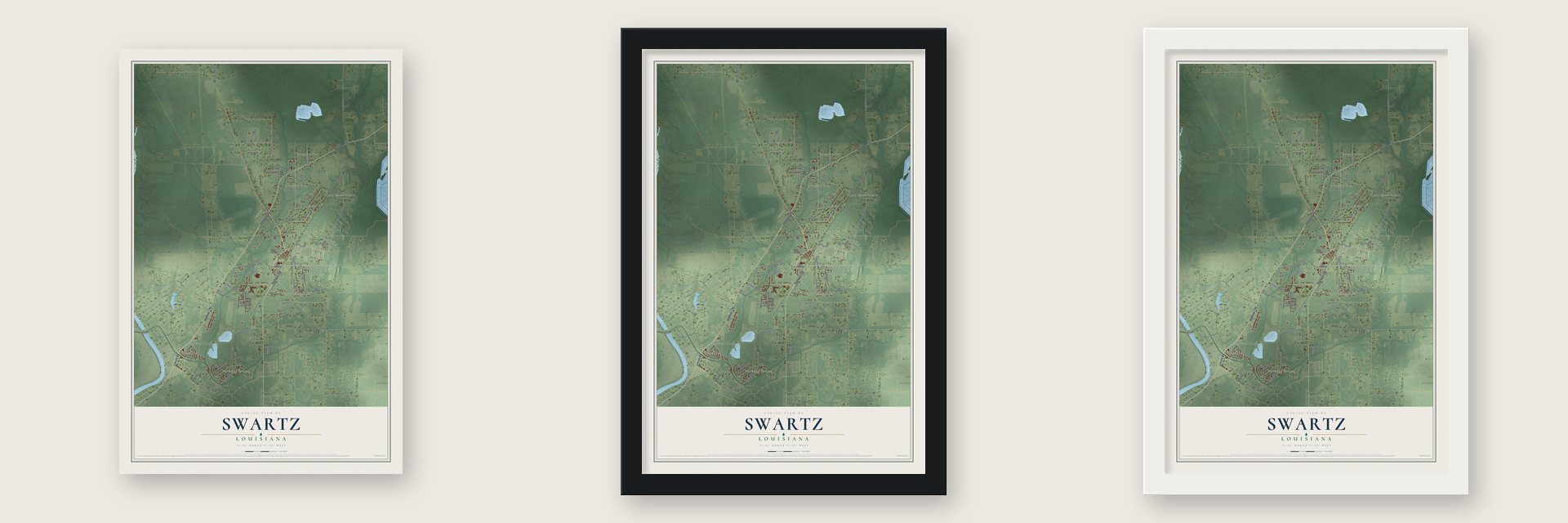 Swartz, Louisiana map unframed, in a black wood frame and in a white wood frame