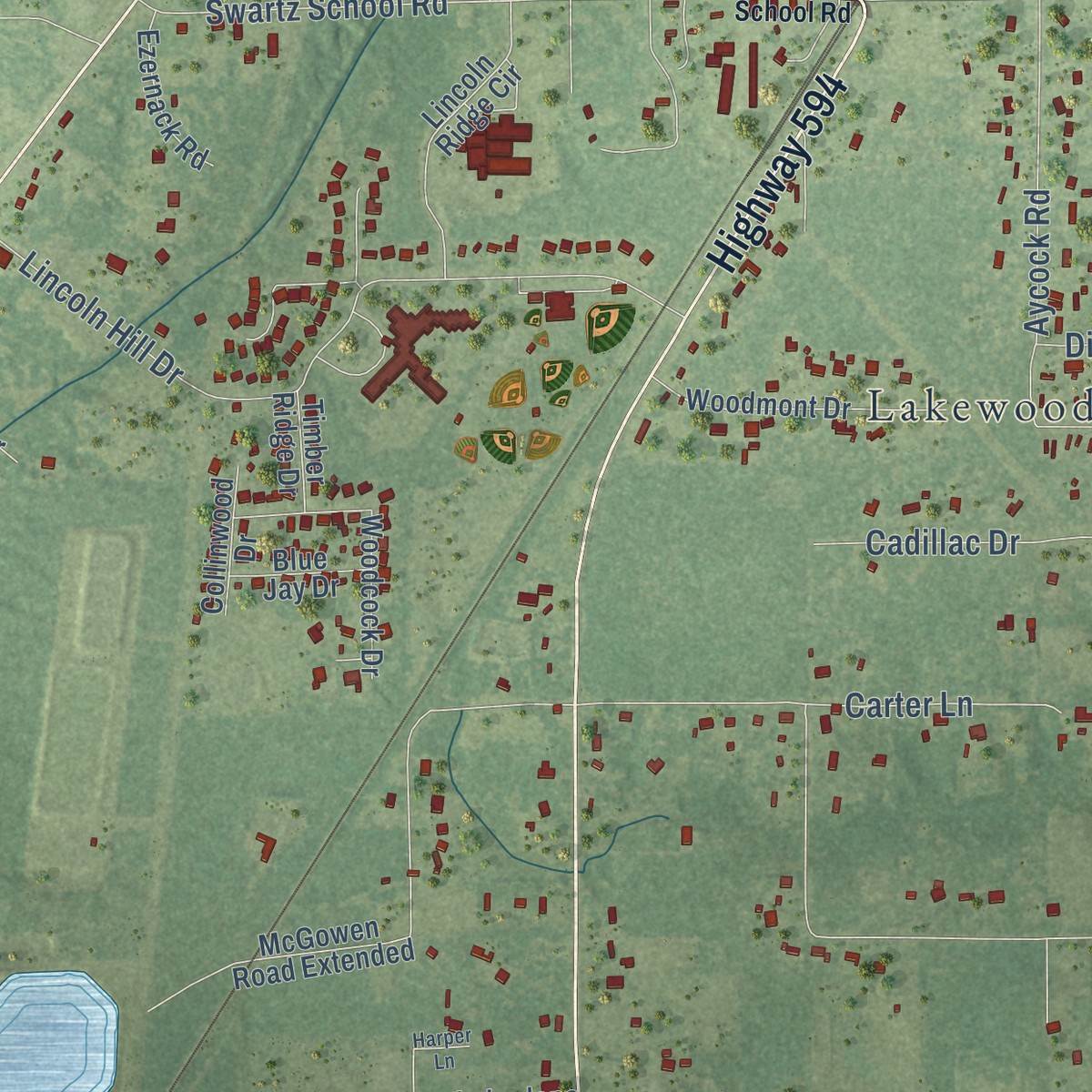 Second close-up of the map of Swartz, Louisiana print showing more streets and buildings