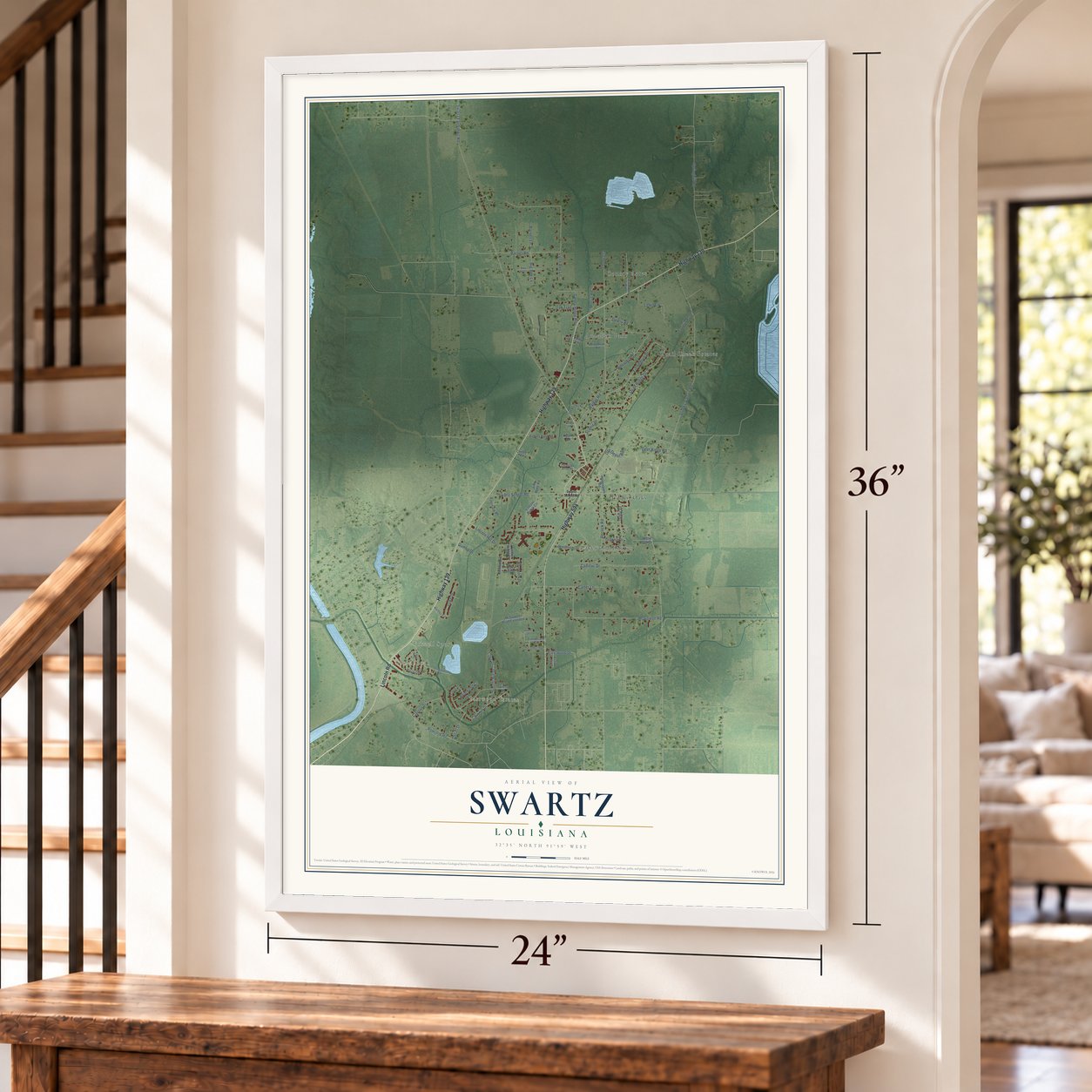 Swartz, Louisiana map, 24 x 36 inch print in a white frame by a staircase