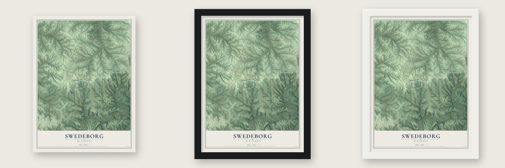Swedeborg, Missouri map unframed, in a black wood frame and in a white wood frame