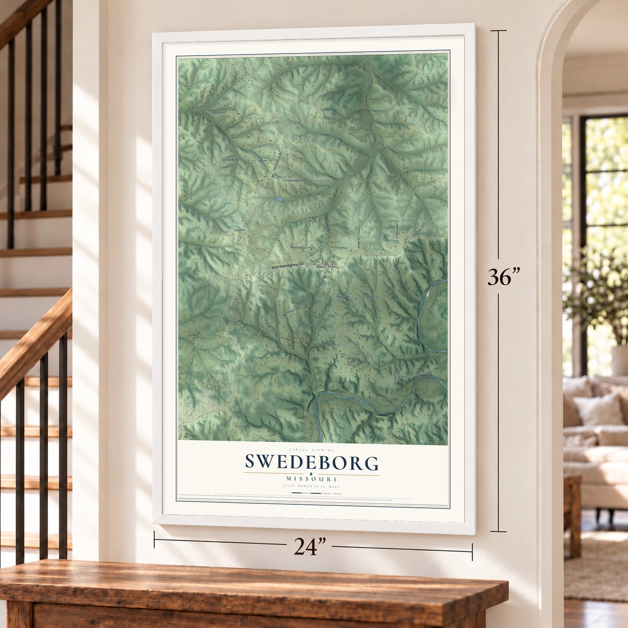 Swedeborg, Missouri map, 24 x 36 inch print in a white frame by a staircase
