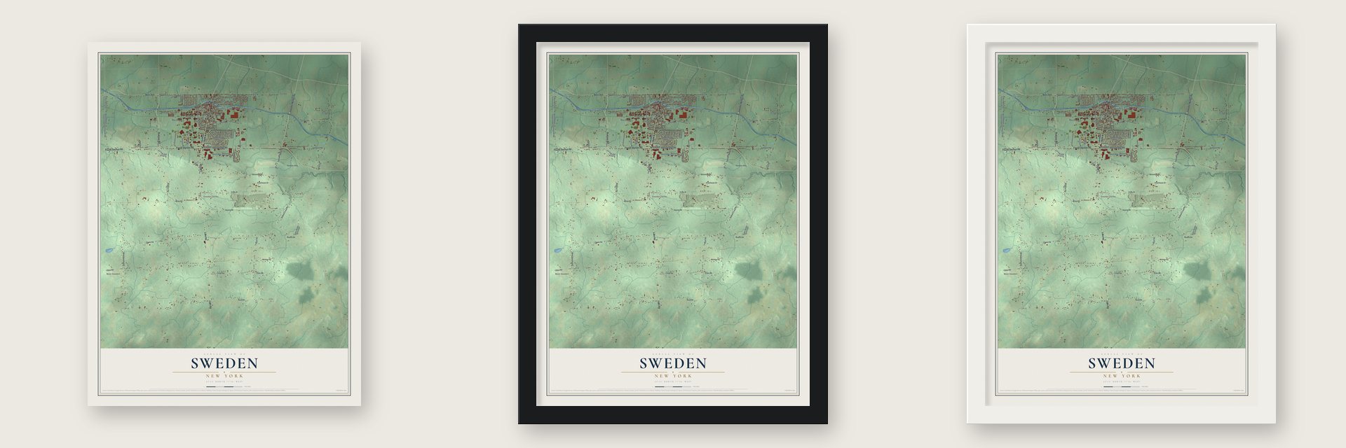 Sweden, New York map unframed, in a black wood frame and in a white wood frame