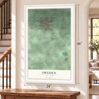 Sweden, New York map, 24 x 36 inch print in a white frame by a staircase