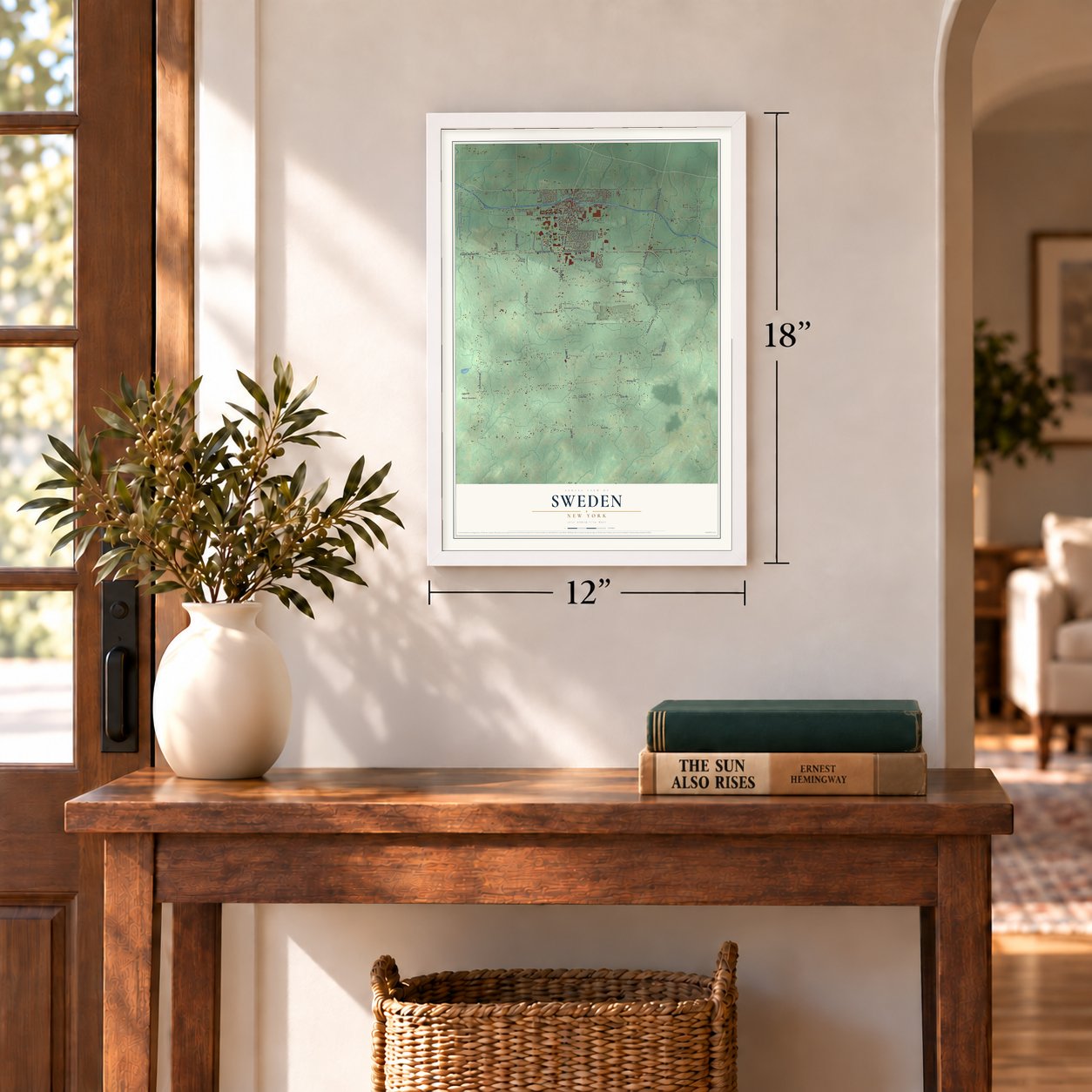 Sweden, New York map, 12 x 18 inch print in a white frame in an entryway