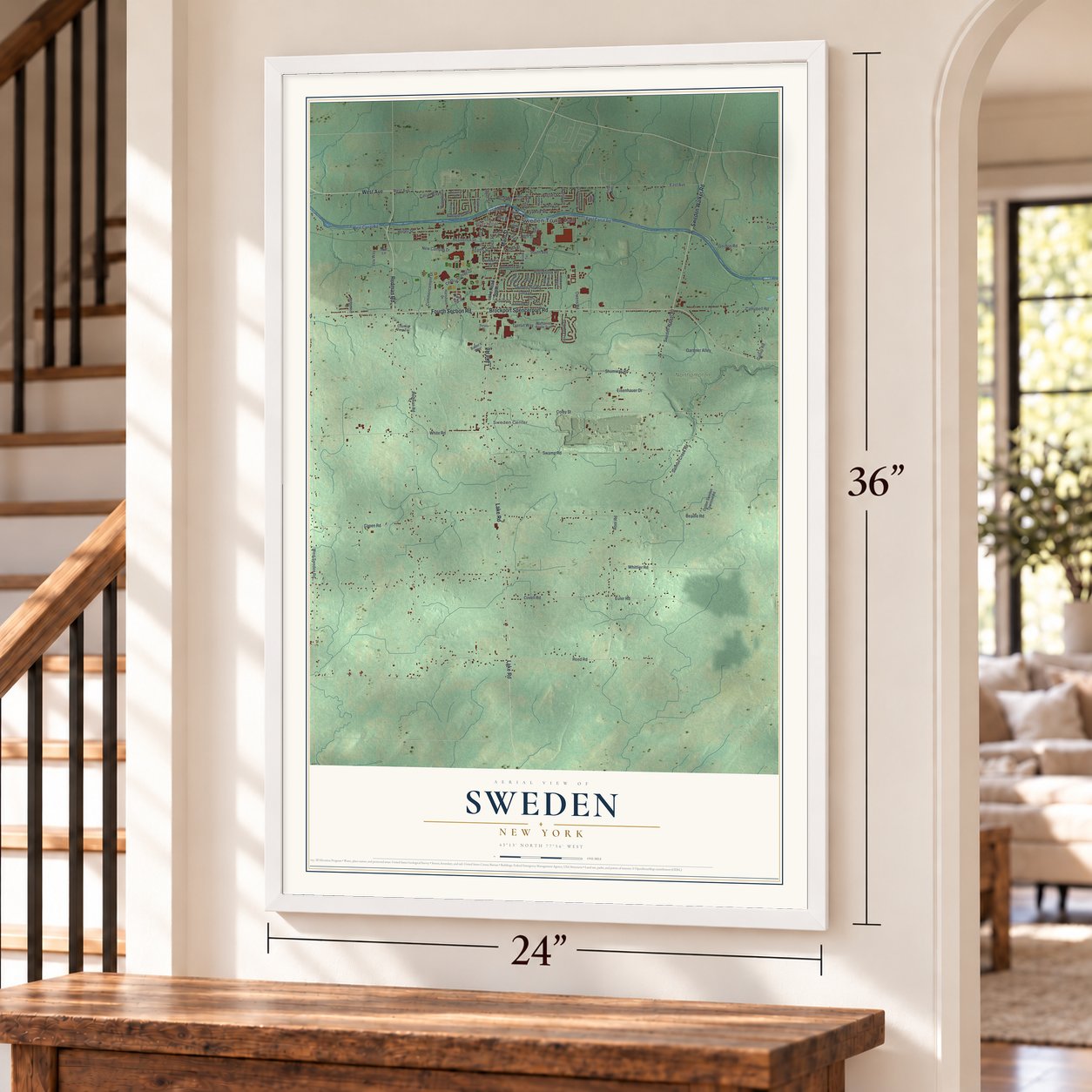 Sweden, New York map, 24 x 36 inch print in a white frame by a staircase