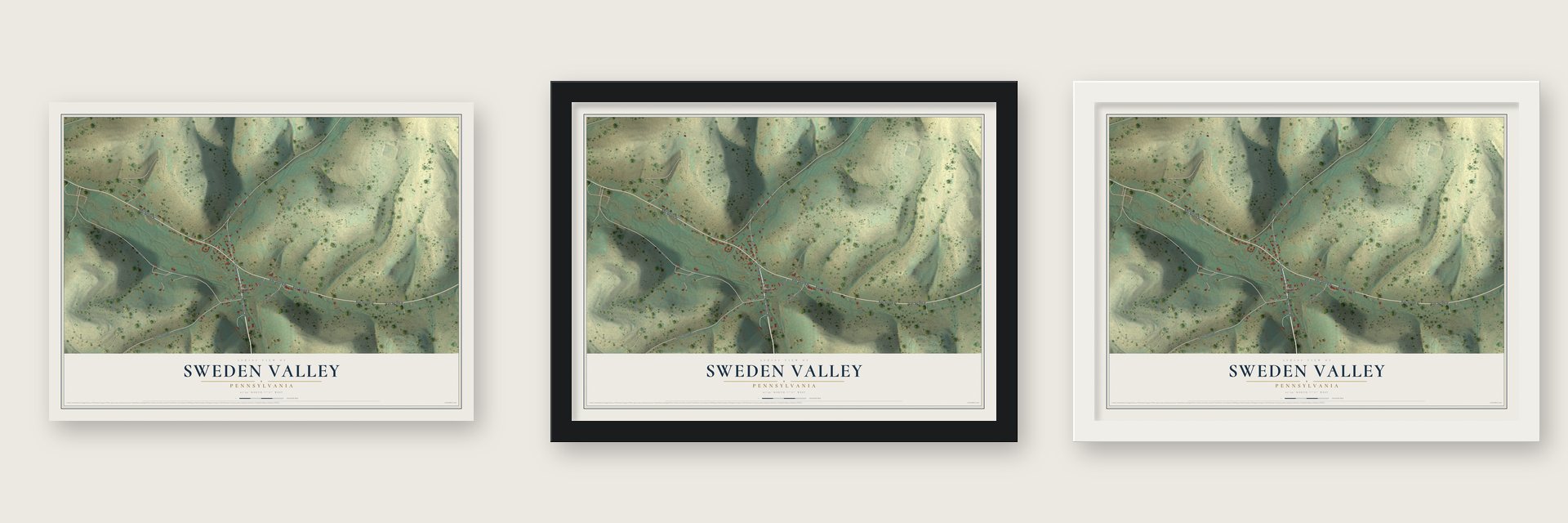Sweden Valley, Pennsylvania map unframed, in a black wood frame and in a white wood frame