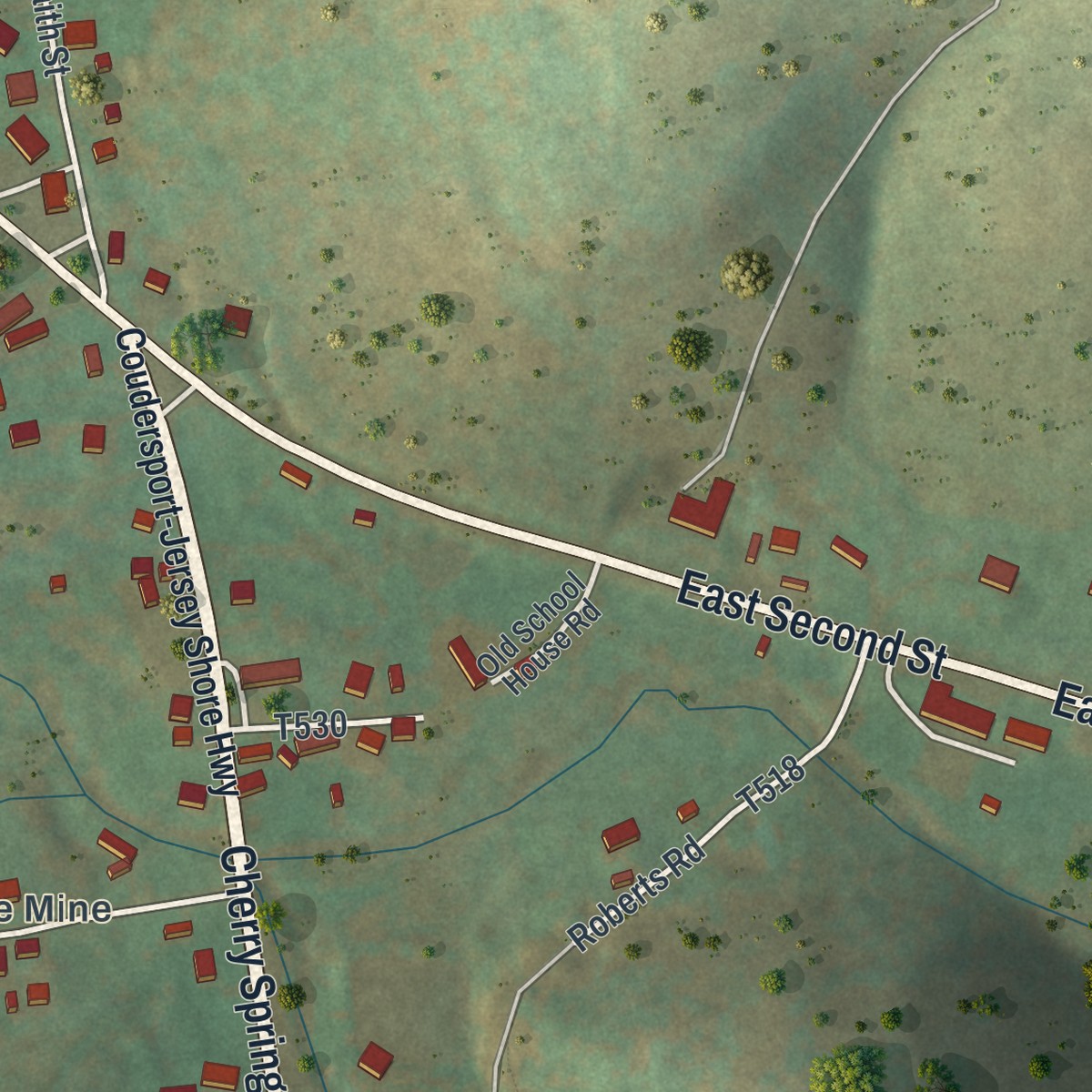 Second close-up of the map of Sweden Valley, Pennsylvania print showing more streets and buildings