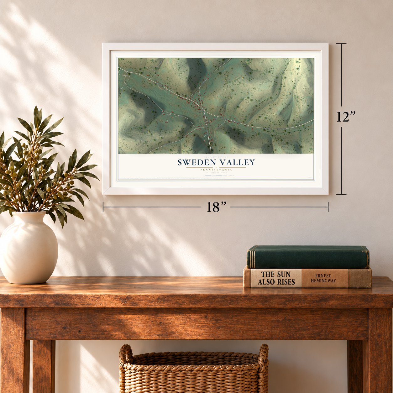 Sweden Valley, Pennsylvania map, 12 x 18 inch print in a white frame in an entryway