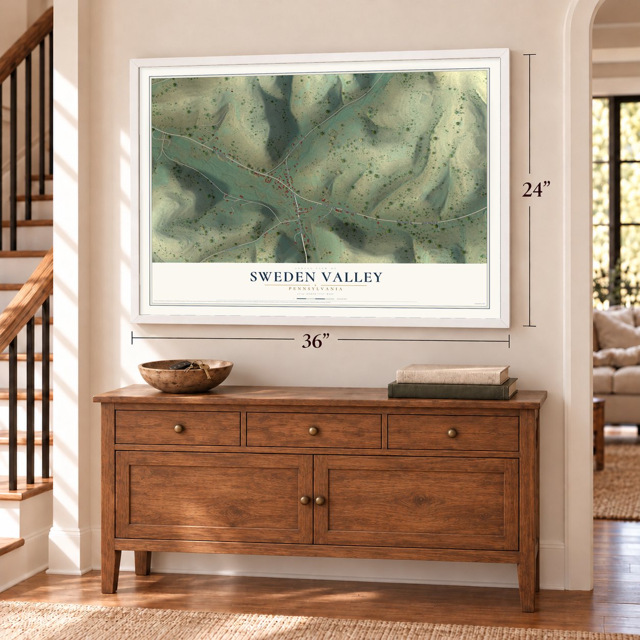 Sweden Valley, Pennsylvania map, 24 x 36 inch print in a white frame above a dresser by a staircase