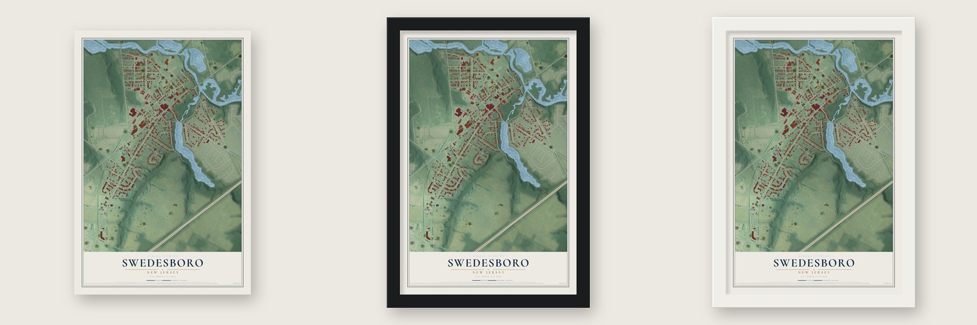 Swedesboro, New Jersey map unframed, in a black wood frame and in a white wood frame