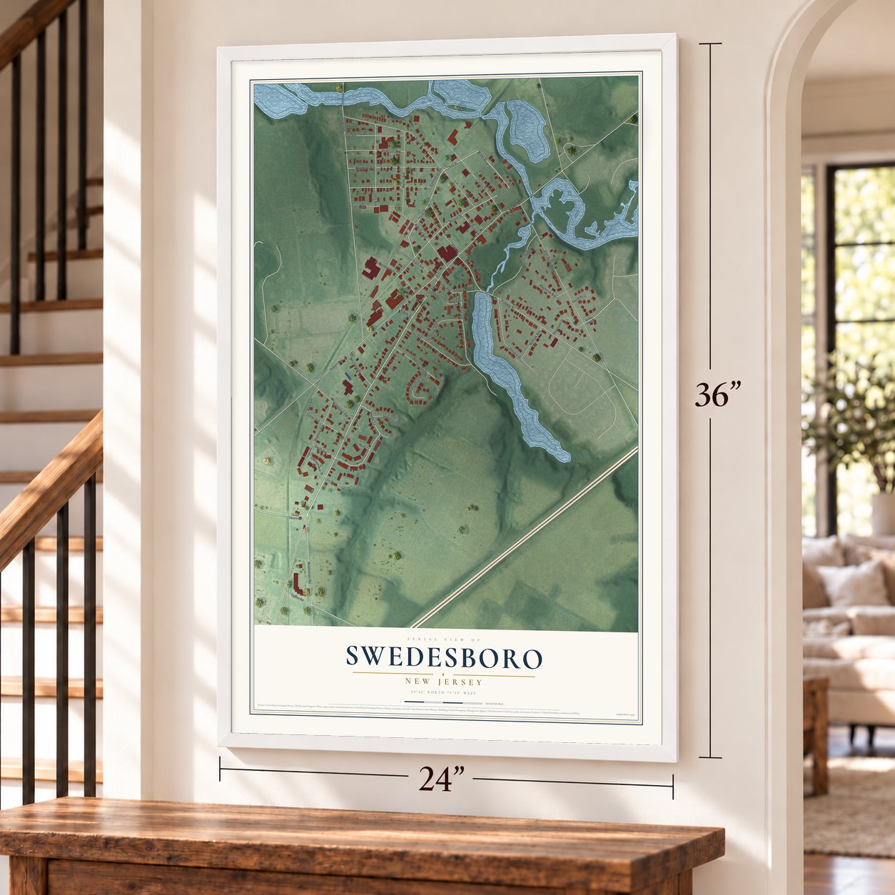 Swedesboro, New Jersey map, 24 x 36 inch print in a white frame by a staircase