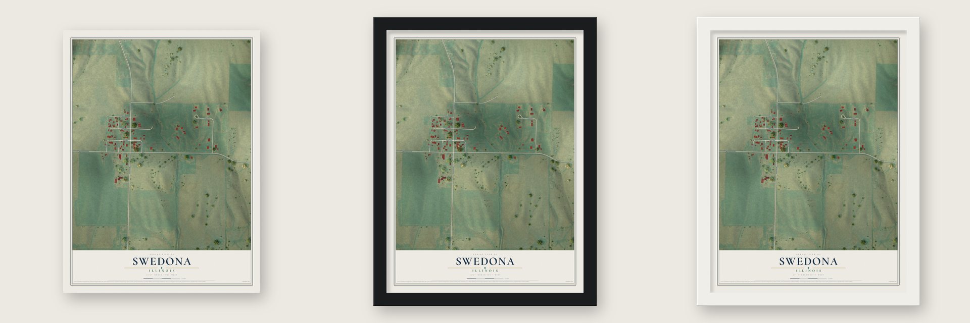 Swedona, Illinois map unframed, in a black wood frame and in a white wood frame