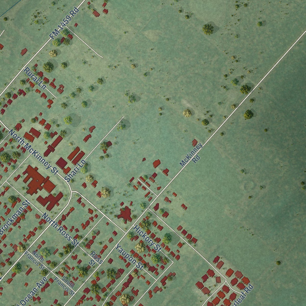 Second close-up of the map of Sweeny, Texas print showing more streets and buildings