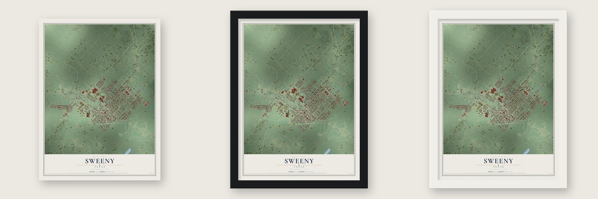 Sweeny, Texas map unframed, in a black wood frame and in a white wood frame