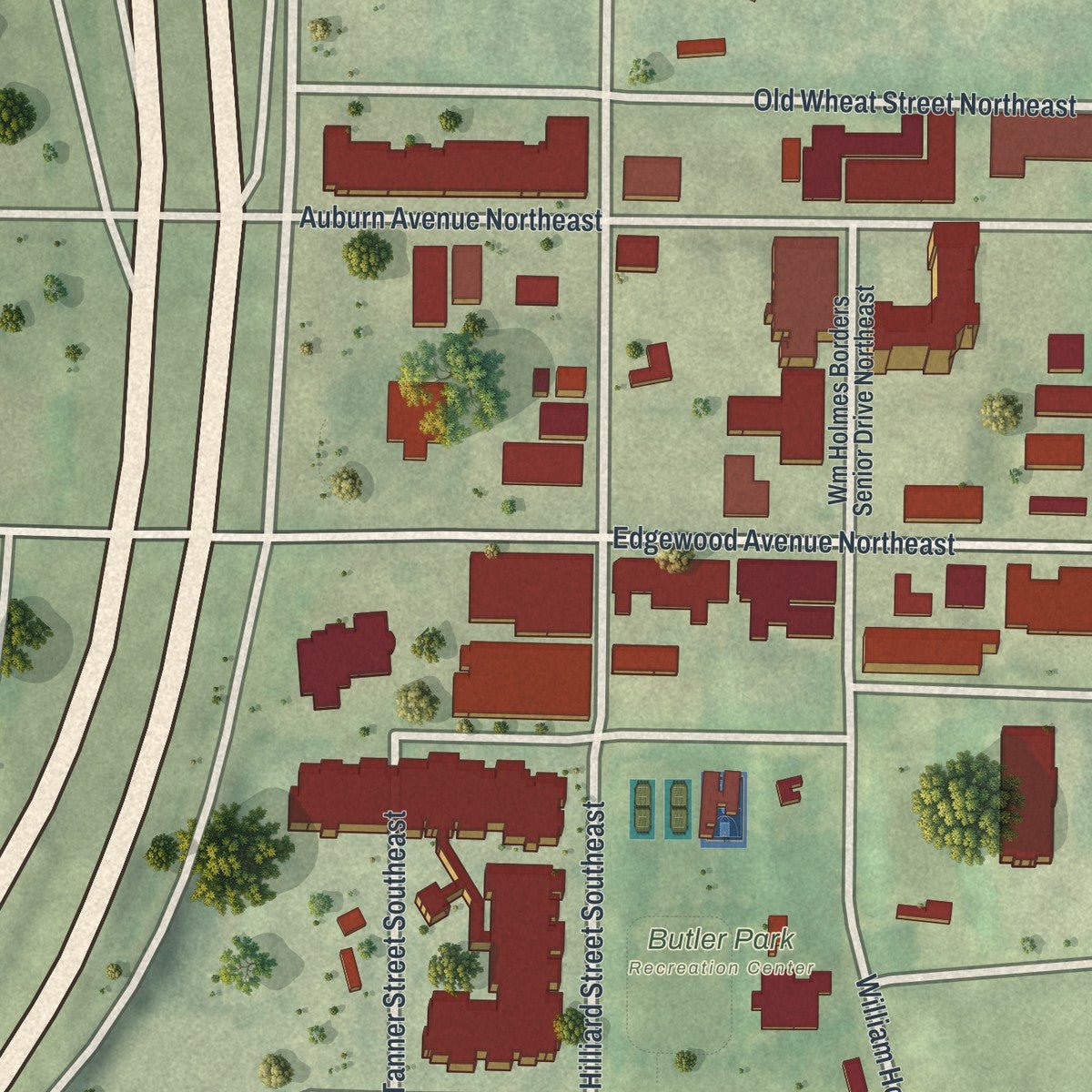 Second close-up of the map of Sweet Auburn, Georgia print showing more streets and buildings
