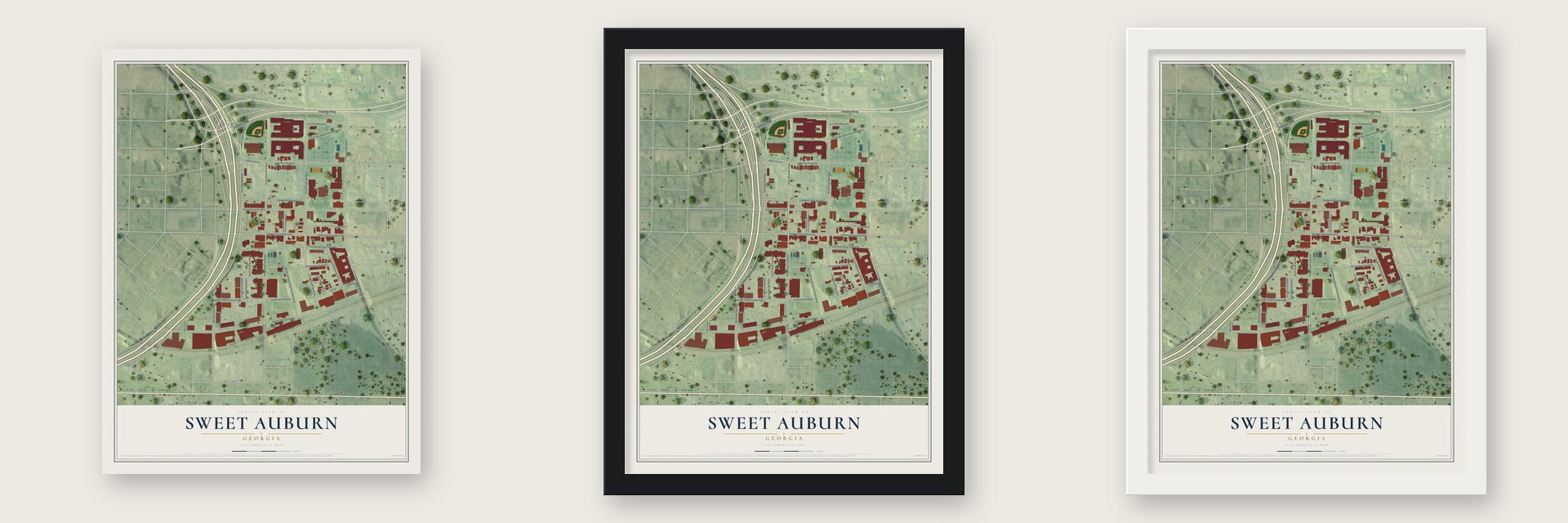 Sweet Auburn, Georgia map unframed, in a black wood frame and in a white wood frame