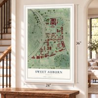 Sweet Auburn, Georgia map, 24 x 36 inch print in a white frame by a staircase