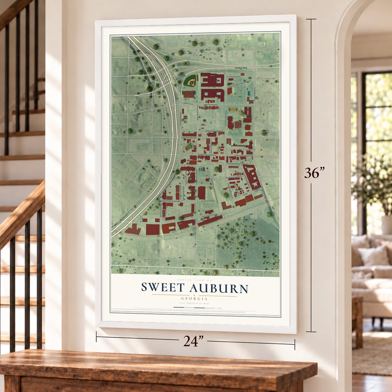 Sweet Auburn, Georgia map, 24 x 36 inch print in a white frame by a staircase