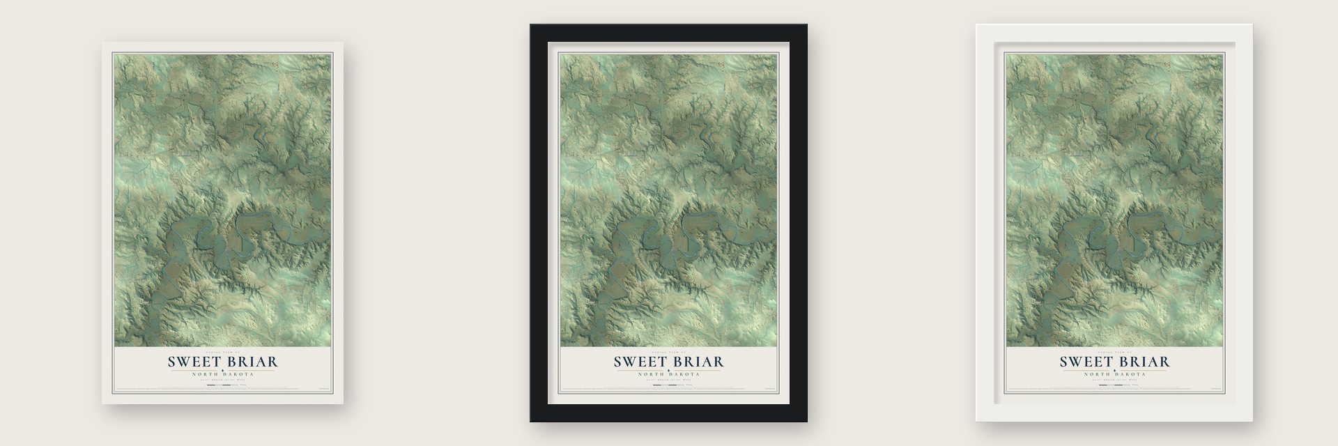 Sweet Briar, North Dakota map unframed, in a black wood frame and in a white wood frame