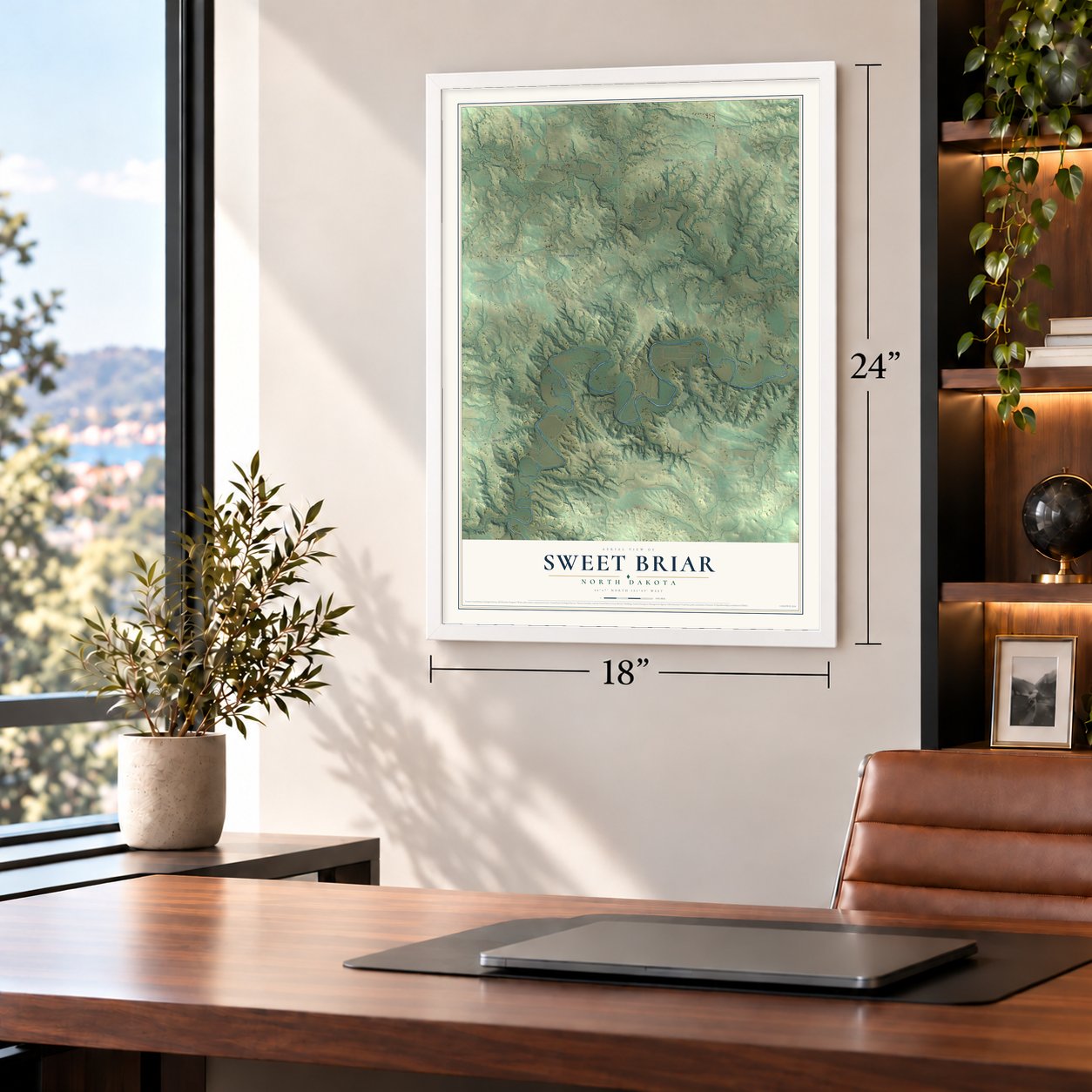 Sweet Briar, North Dakota map, 18 x 24 inch print in a white frame in a home office