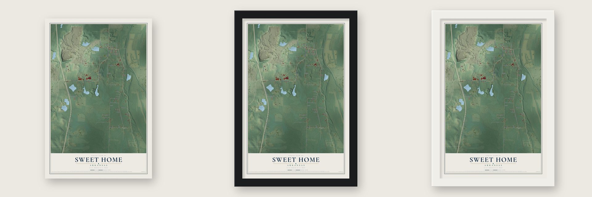 Sweet Home, Arkansas map unframed, in a black wood frame and in a white wood frame