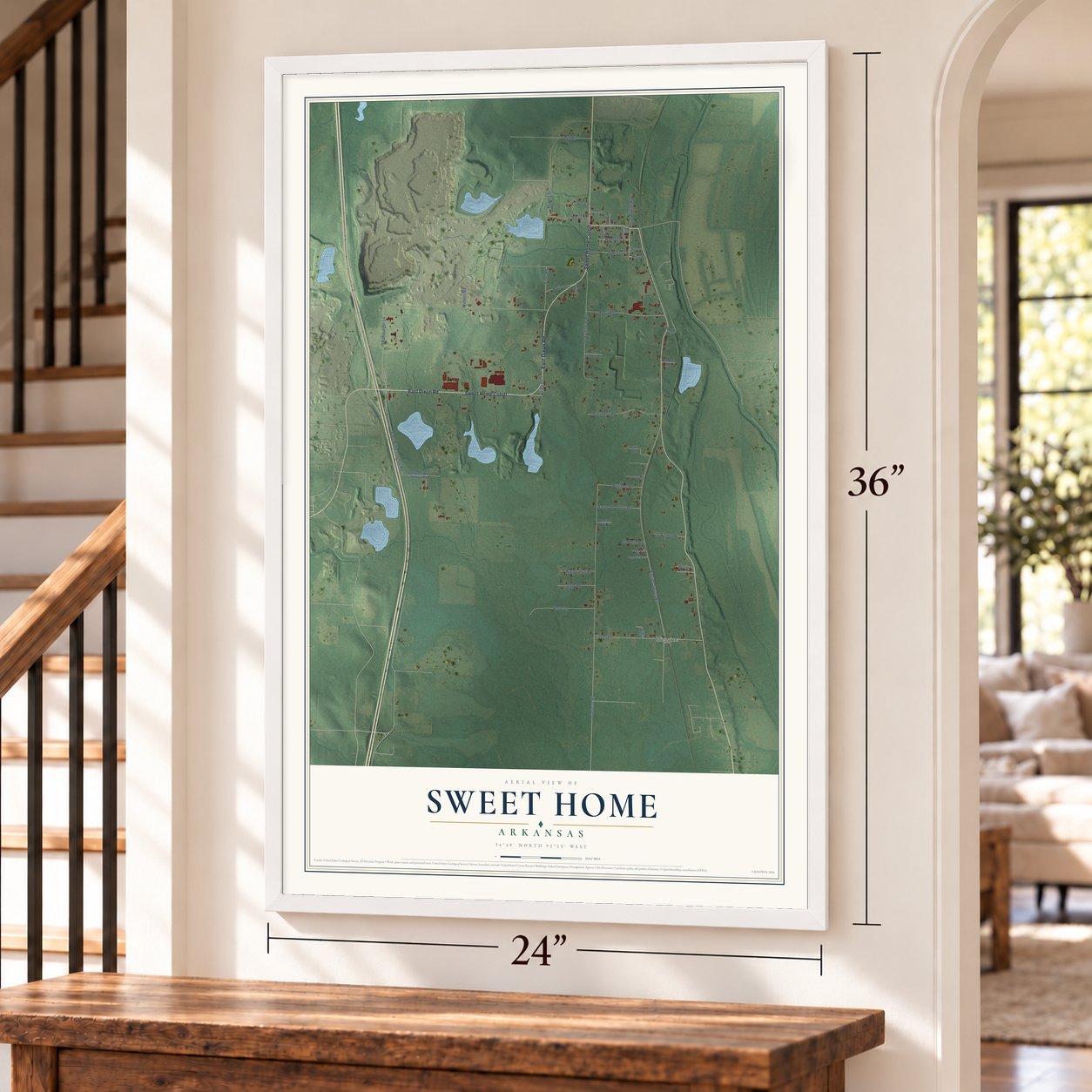 Sweet Home, Arkansas map, 24 x 36 inch print in a white frame by a staircase