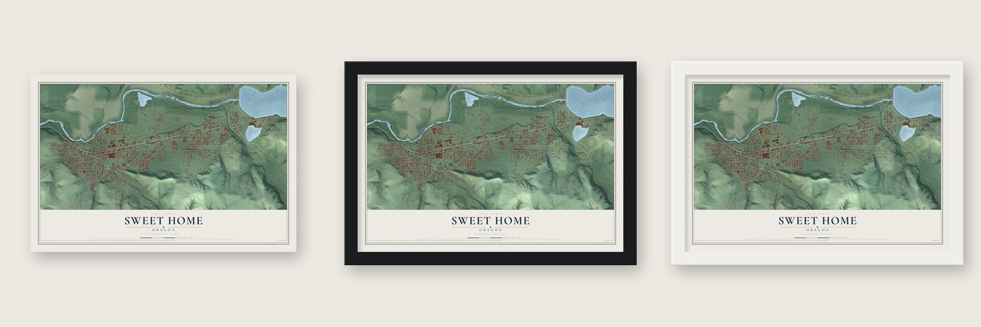 Sweet Home, Oregon map unframed, in a black wood frame and in a white wood frame