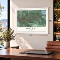 Sweet Home, Oregon map, 18 x 24 inch print in a white frame in a home office