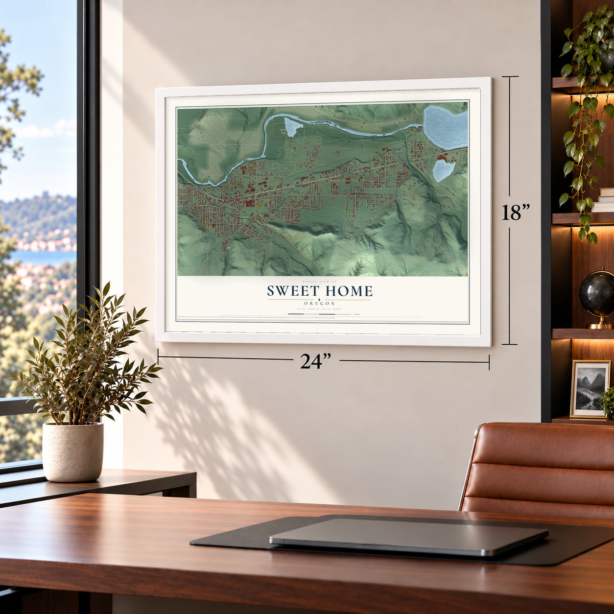 Sweet Home, Oregon map, 18 x 24 inch print in a white frame in a home office