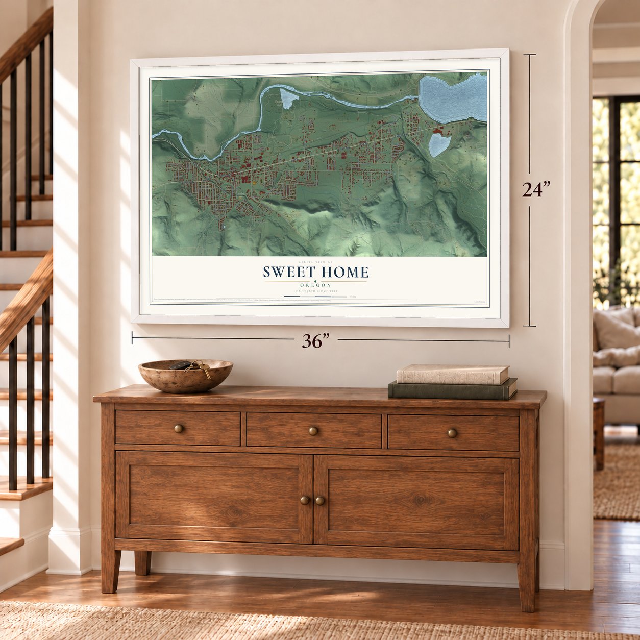 Sweet Home, Oregon map, 24 x 36 inch print in a white frame above a dresser by a staircase