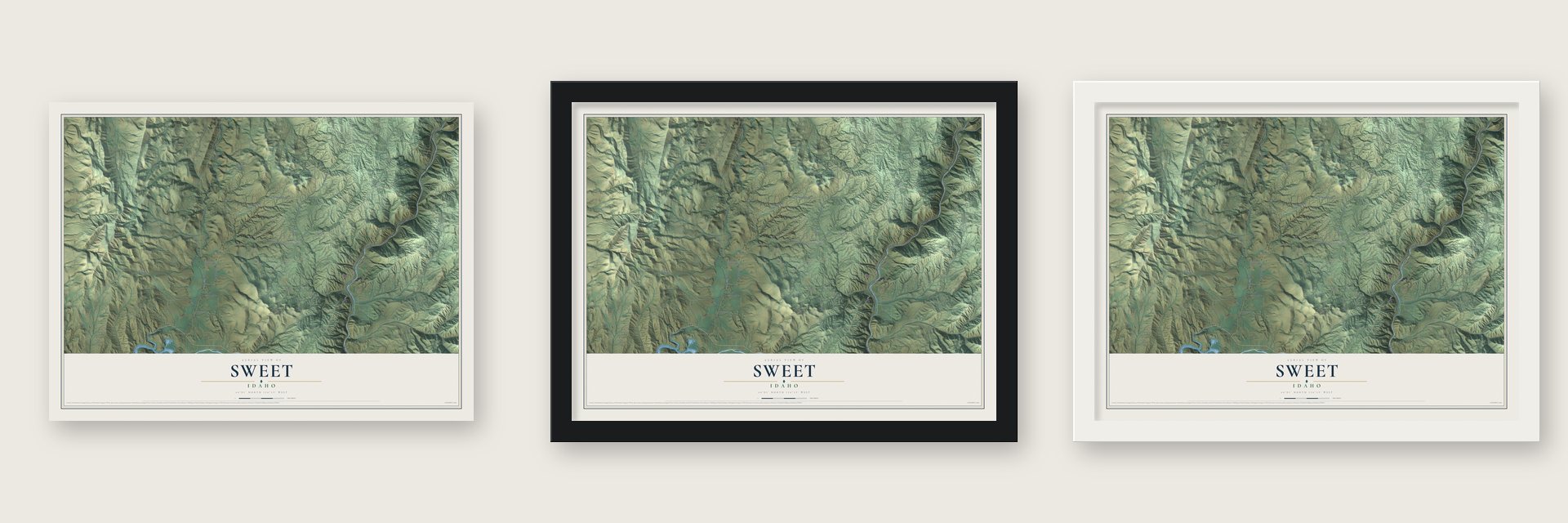 Sweet, Idaho map unframed, in a black wood frame and in a white wood frame