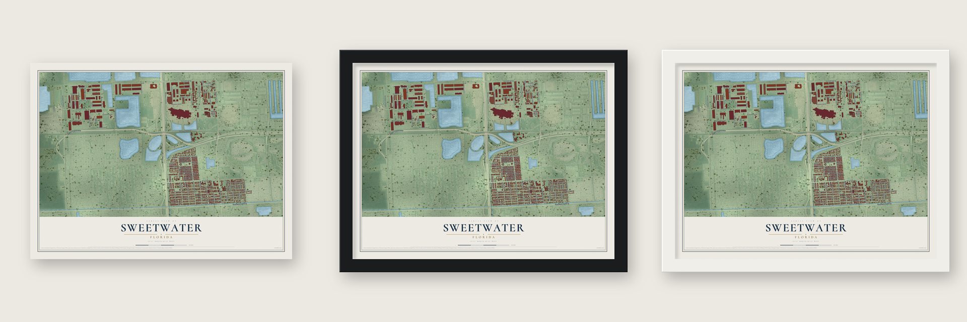 Sweetwater, Florida map unframed, in a black wood frame and in a white wood frame