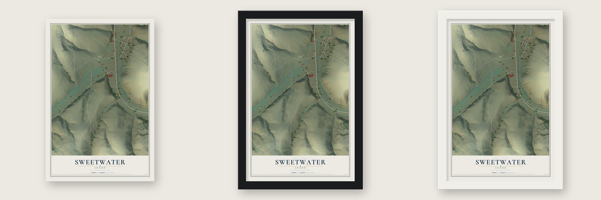Sweetwater, Idaho map unframed, in a black wood frame and in a white wood frame