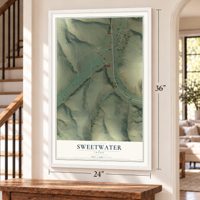 Sweetwater, Idaho map, 24 x 36 inch print in a white frame by a staircase
