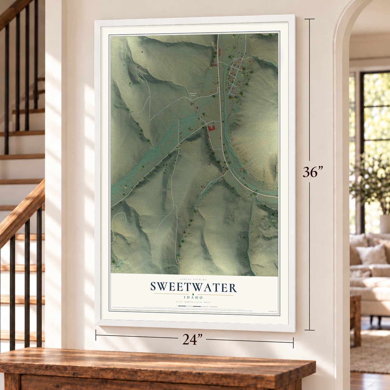 Sweetwater, Idaho map, 24 x 36 inch print in a white frame by a staircase