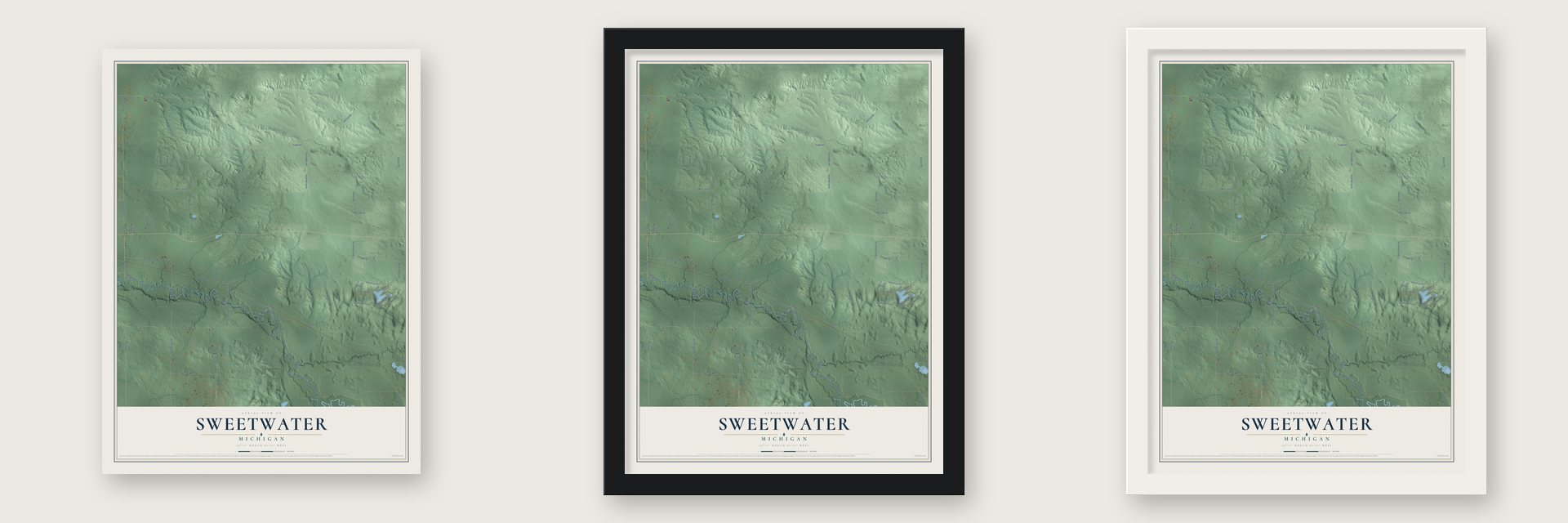 Sweetwater, Michigan map unframed, in a black wood frame and in a white wood frame