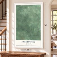 Sweetwater, Michigan map, 24 x 36 inch print in a white frame by a staircase