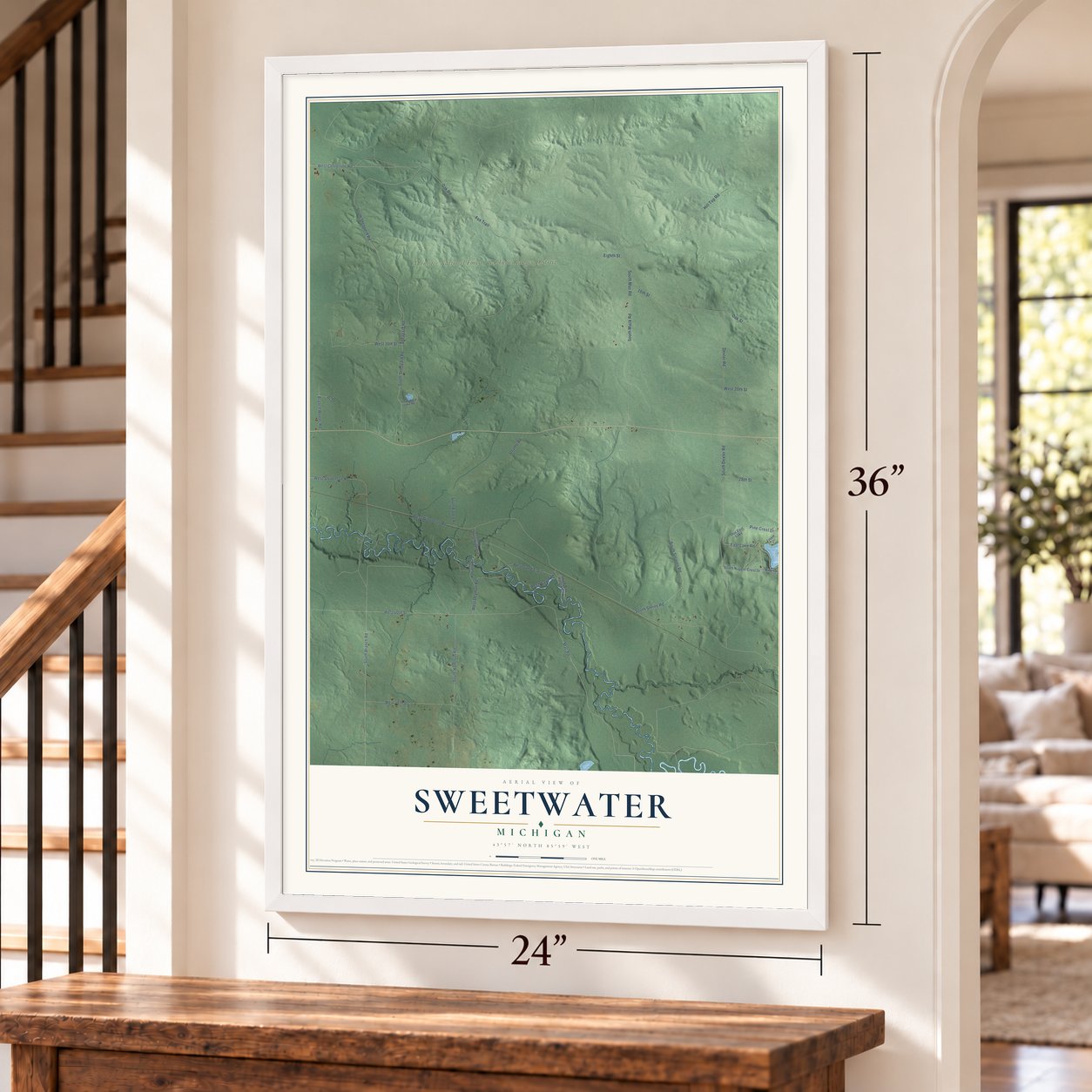 Sweetwater, Michigan map, 24 x 36 inch print in a white frame by a staircase