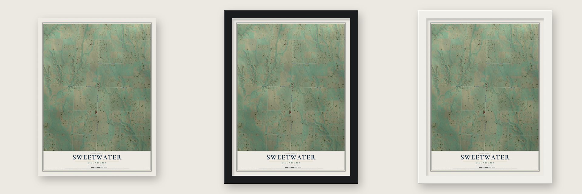 Sweetwater, Oklahoma map unframed, in a black wood frame and in a white wood frame