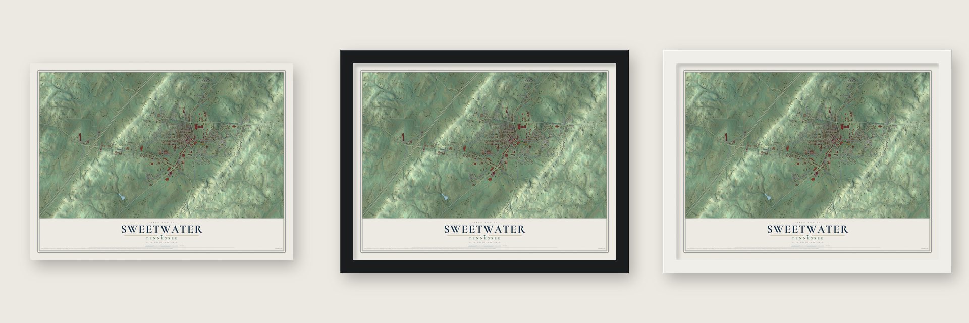 Sweetwater, Tennessee map unframed, in a black wood frame and in a white wood frame